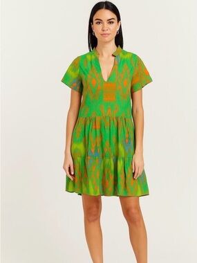 La Plage Alison Short Sleeve V-Neck Cotton Tiered Aztec Mini Dress Green Size S